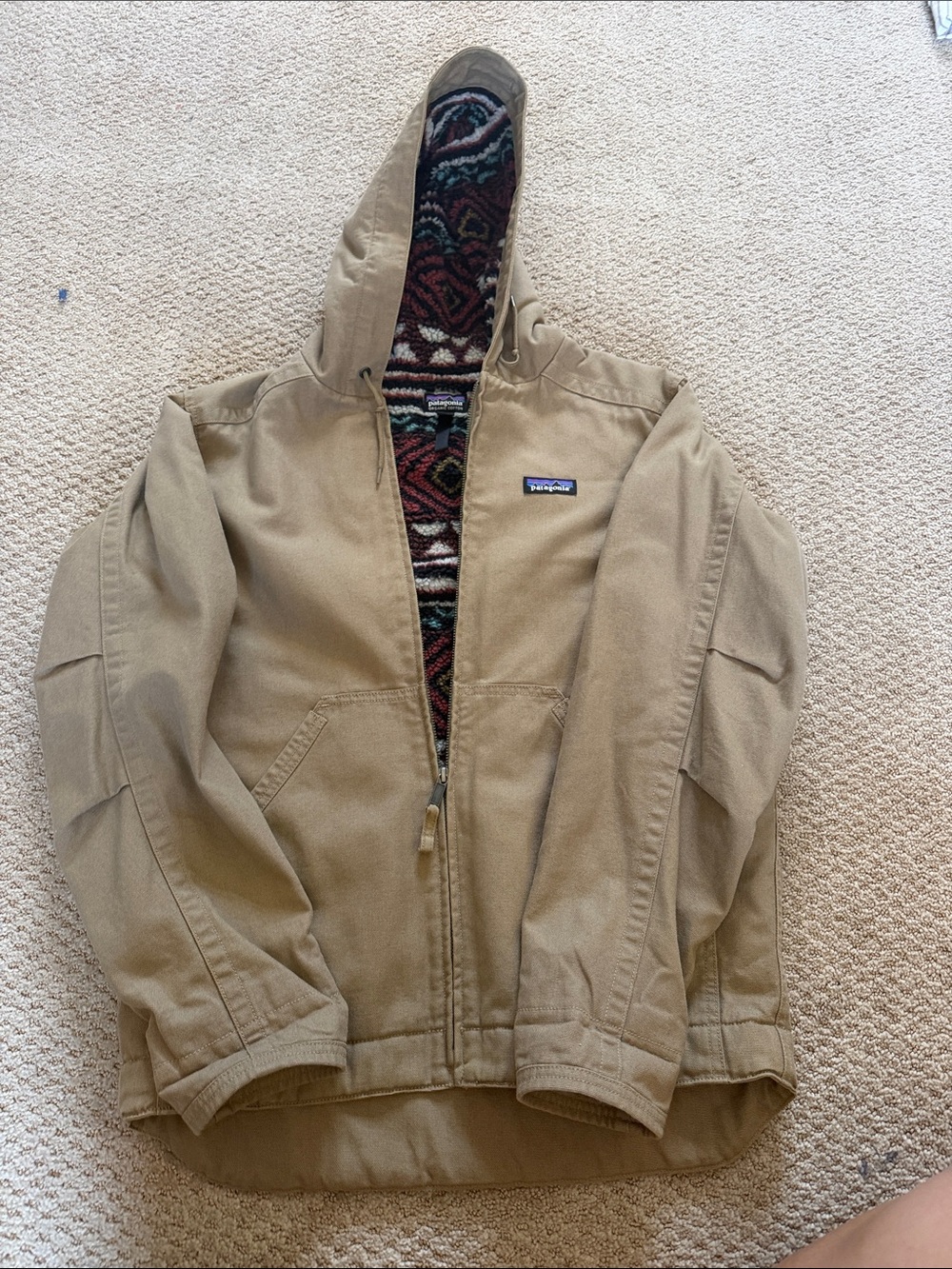 Patagonia Hooded Canvas Jacket with Patterned Fleece Lining — Tan